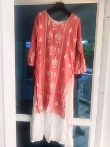 Coral Embroidered Kurti with White