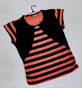 Peach & Black Striped Top for Girls (10–12 Yrs)