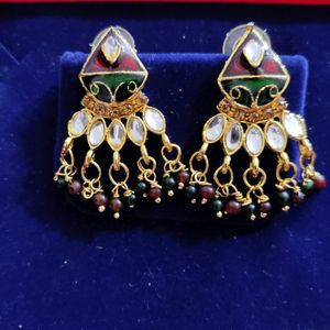 Kundan Floral Meenakari Pearl Drop Earrings