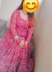 RED PRINTED FLARED KURTA SET WITH DUPATTA