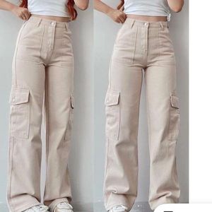 Beige Wide Leg Cargo Pants