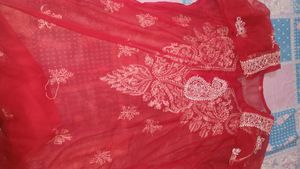 Red Mirror Work Chikankari Embroidered Kurti