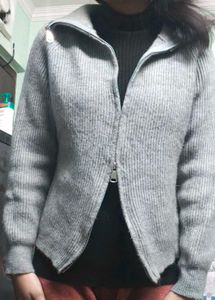 Gray Zip-Up Knit Sweater