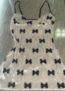 White Velvet Mini Dress With Cute Black Bows