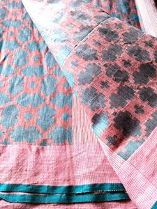 Pink Linen Saree with Blue Border