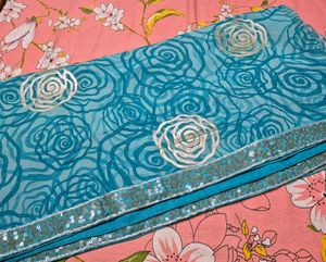 Teal Rose Print Saree