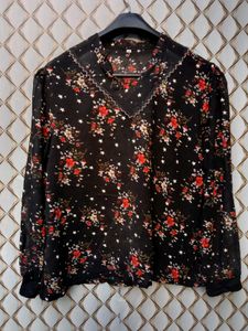 New With Tag Korean Vintage Black Floral Top