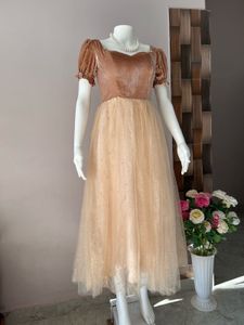 vintage puffed sleeves shimmery gown with beads