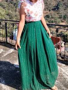 Green Flowy Skirt & Floral Top Set