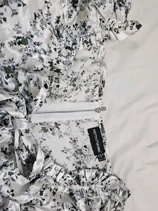 White Ditsy Print  Satin Frill Bardot Crop Top