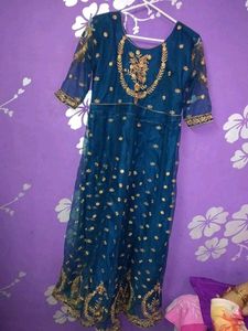 Elegant Teal &amp; Gold Anarkali Dress With Dupatta