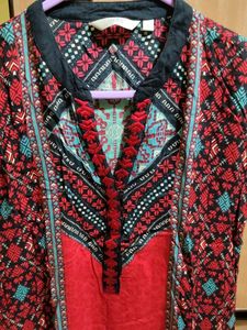 Printed Cherry Red Straight Kurti