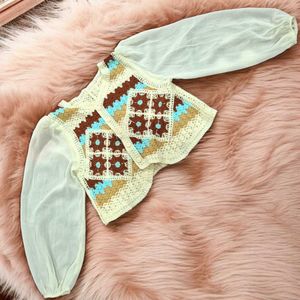 Unique Boho Crochet & Chiffon Sleeve Top