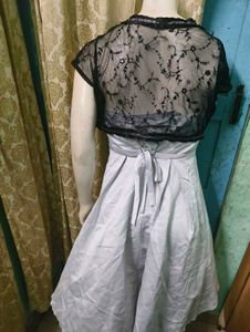 off shoulder grey dress with black sequence blazer