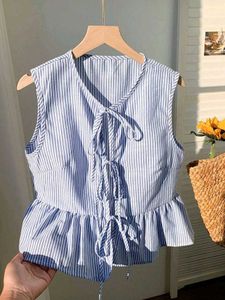 Striped Bow Tie Up Ruffle Top