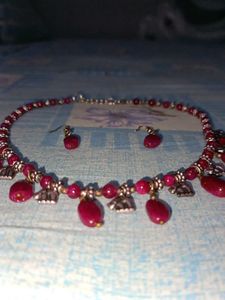 Ruby Beaded Elephant Charm Necklace & Earring Set