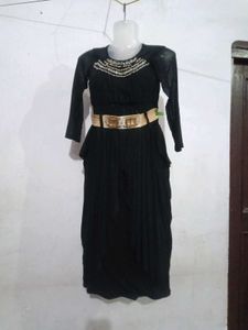 Black Pleated Dress with Belt