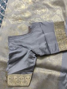 Gray Silk Blend Saree with Gold Accents