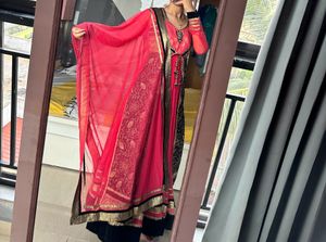 Long Anarkali Wedding Wear Dress With Pant &amp; Shawl