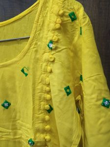 Yellow And Green Color Kurta Set Without Dupatta