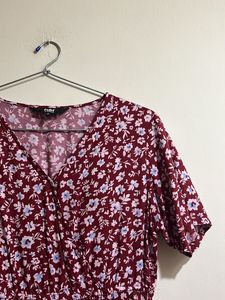 Cotton Red Floral Wrap Midi Dress