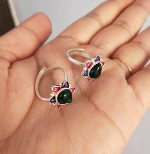 Pure Silver Toe Rings with Green Stone
