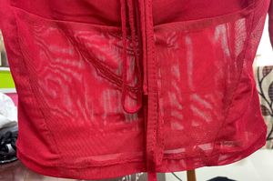 Square Neck Mesh Red Sleeve Crop Top