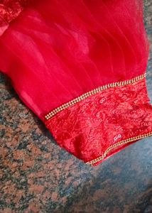 Red Netted Work Blouse With Net Puff Sleeves.