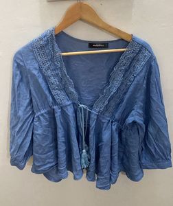 Blue Lace Trim Tie Front Top