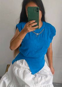 Blue Ribbed Knit Top