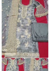 Elegant Gray Embroidered Pant Suit