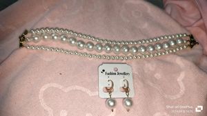 Three Layer White Pearl Necklace With Earrings