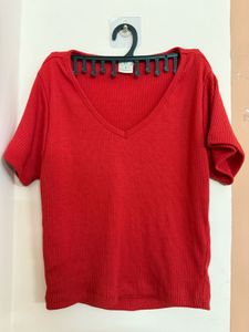 Red V-Neck Ribbed Top