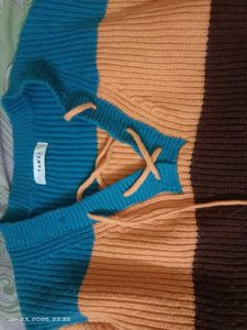 Striped Lace-Up V-Neck Sweater