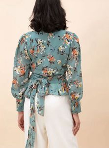Green Floral Print V Neck Wrap Top