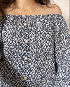 Navy Bloue Printed Off-Shoulder Top