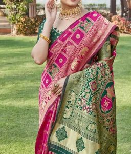 Elegant Pink & Green Banarasi Saree