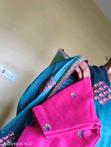 Teal and Pink Embroidered Saree