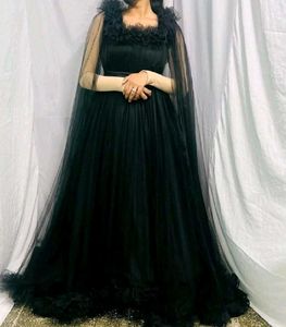 Elegant Black Tulle Gown with Cape