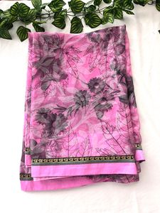 Pink &amp; Black Printed Saree &amp; Blouse Set (Women)
