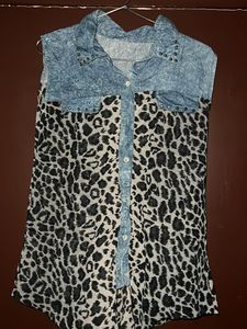 Denim  Zebra print Mesh Top