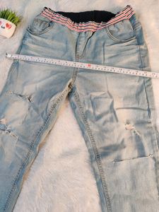 Sky Blue Distress Jeans With Elastic Waistband