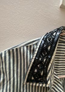 beaded collar striped shirt