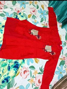 Red Kurti with Tie-Dye Pants