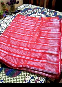 Red &amp; Silver Striped Saree