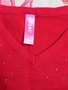 Red V-Neck Embellished Sweater