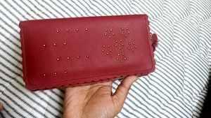 Red Studded Wallet with Pom-Pom