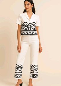 “Premium Cotton White Co-ord Set with Black Greek