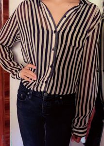 Black And Cream Vertical Striped Sheer Shirt