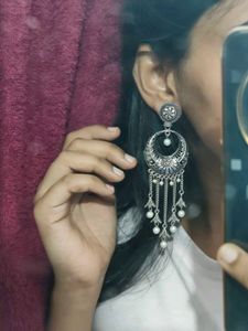 Silver Oxidized Chandbali Earrings with Pearls